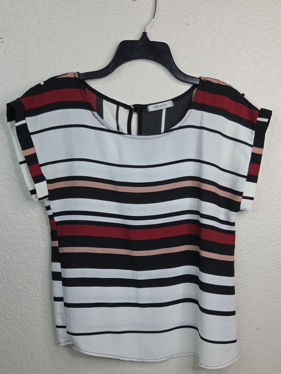 Papaya Tops - Papaya Striped Cap-Sleeve Blouse in White, Black, Red & Blush